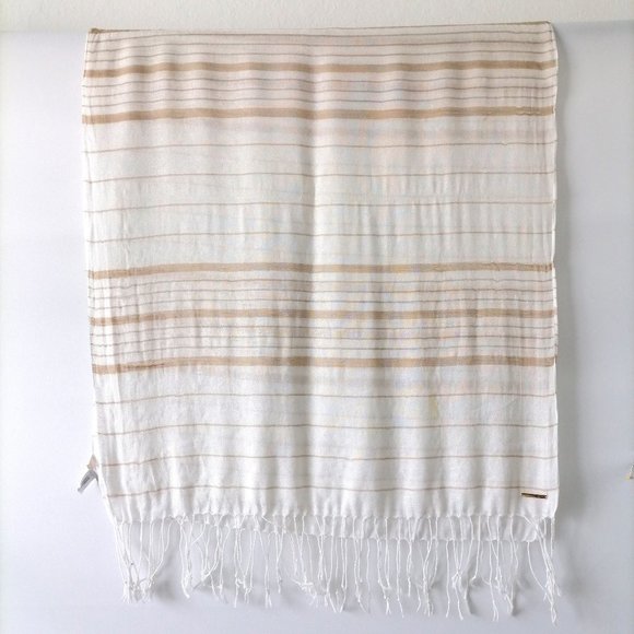 Michael Kors Womens White Brown Striped Fringe Rectangle Scarf One Size - Picture 1 of 2